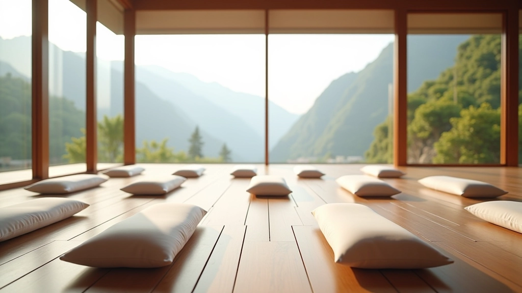 Interior of meditation hall with cushions arranged for group practice, natural light from windows