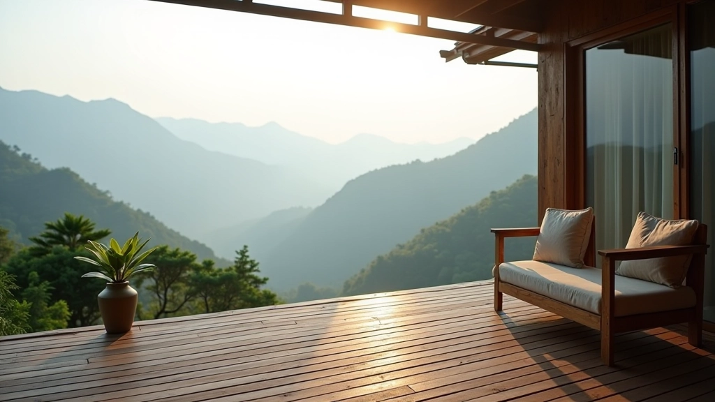 Peaceful retreat space in Cameron Highlands with wooden deck overlooking misty mountains and green valleys