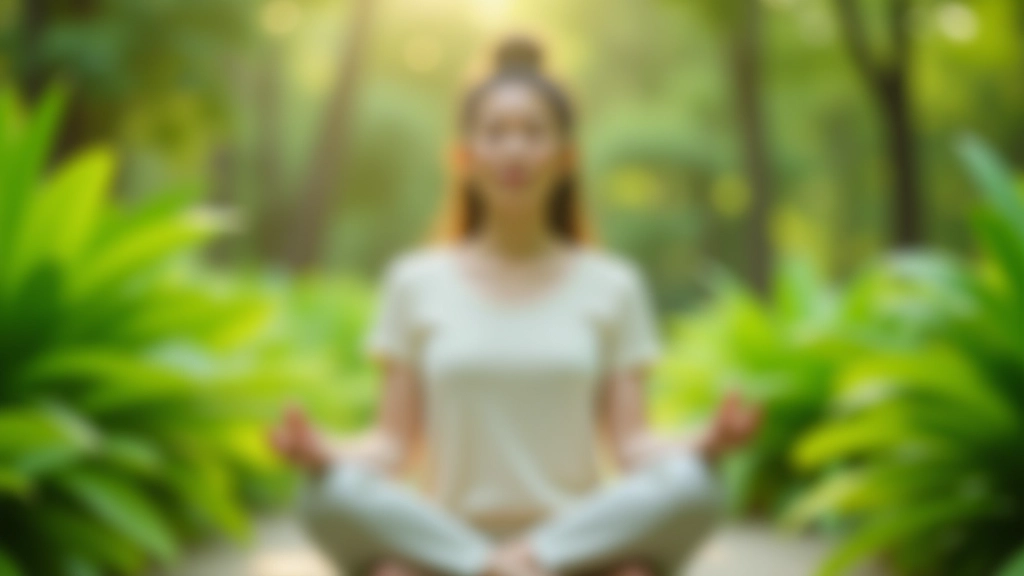 Person meditating peacefully in a tranquil garden setting with lush green plants and soft natural light