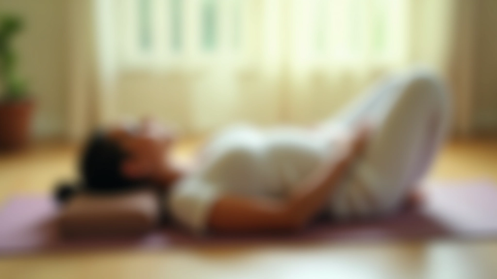 Person lying on yoga mat in relaxation pose with calm facial expression in bright peaceful room