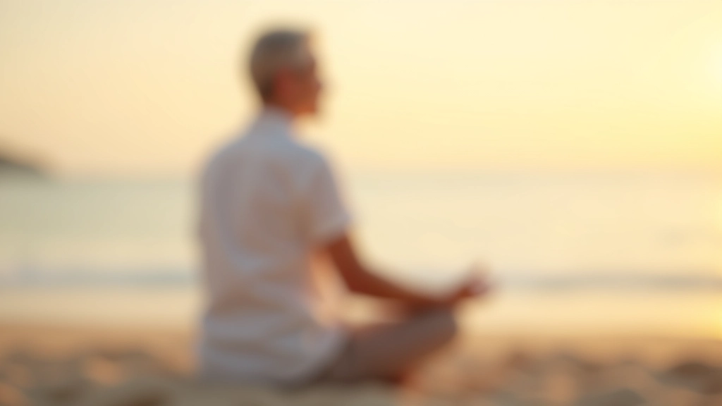 Person sitting in meditation pose on beach at sunset, calm posture, peaceful beach environment in background