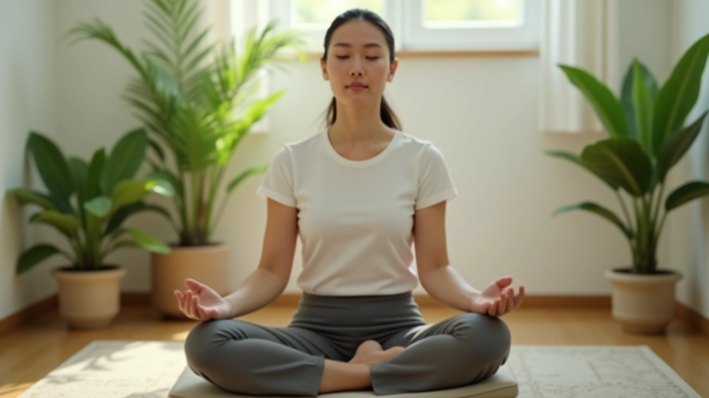 Person sitting upright on meditation cushion with good posture in peaceful home meditation space with plants and natural light