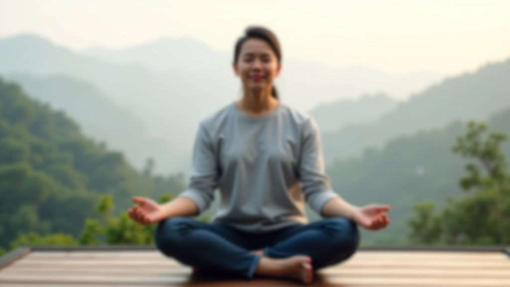 Person meditating on wooden platform with mountain valley view and misty hills